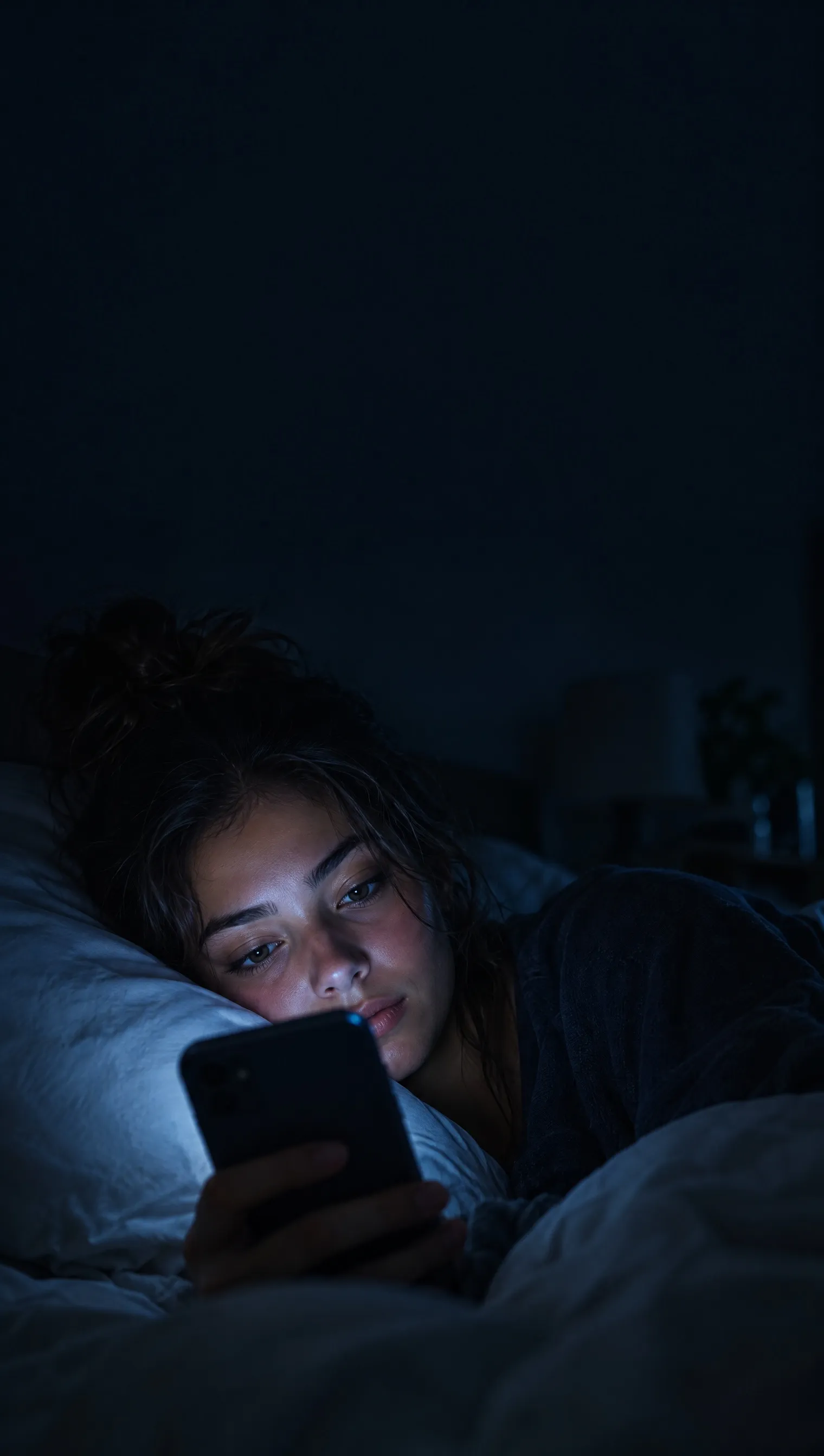 Eine Frau liegt nachts im Bett und scrollt auf ihrem Handy