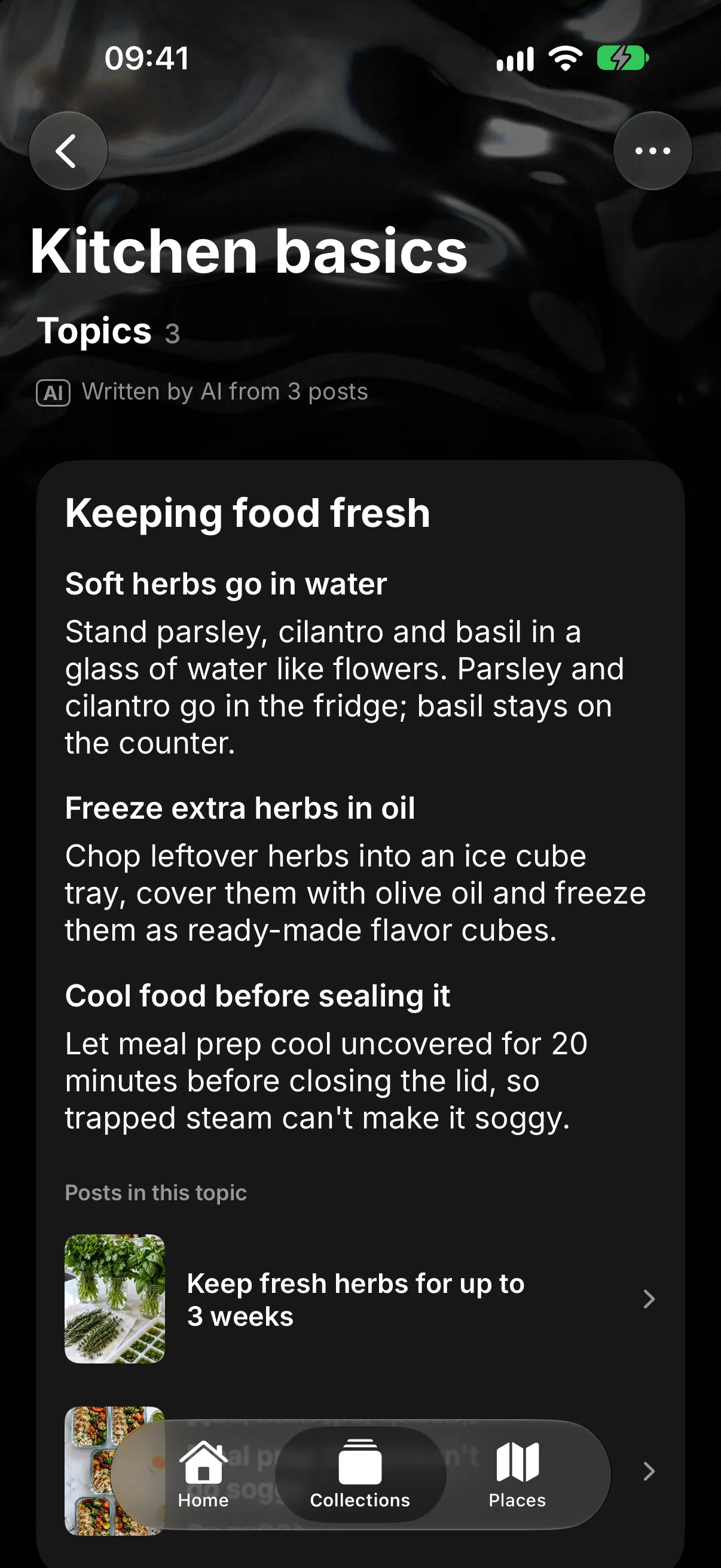 Eine Smoosh-Sammlung namens Kitchen basics mit einer Themen-Notiz zum Frischhalten von Lebensmitteln