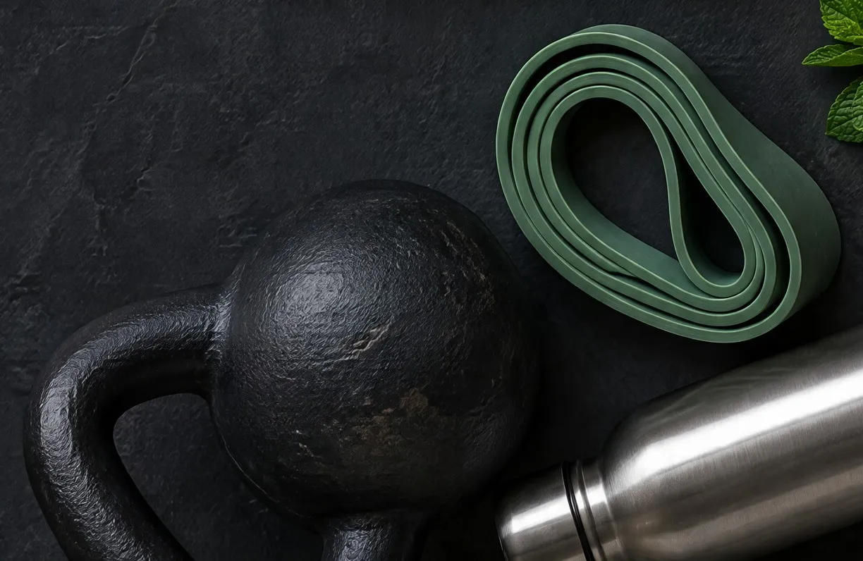Eine Kettlebell und ein Widerstandsband auf einem dunklen Tisch